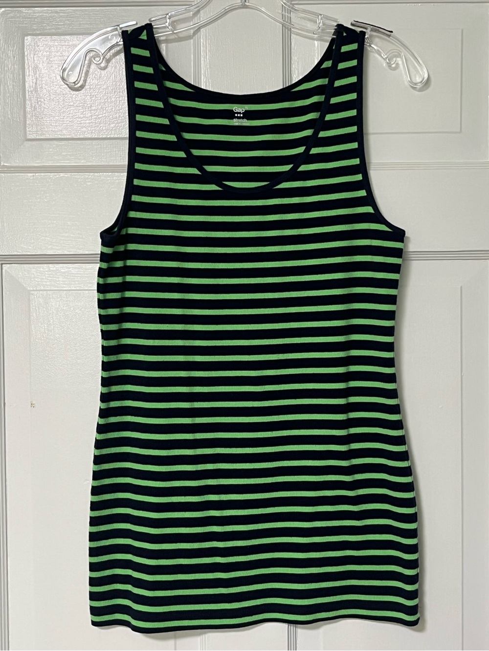 Gap Stretch allover green and black/navy horizontal stripe Ribbed Scoopneck Tank